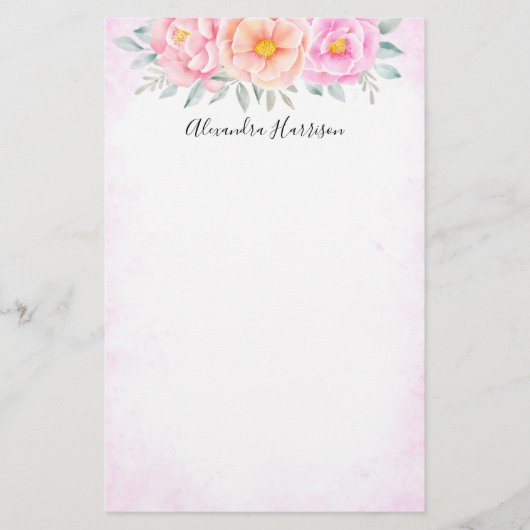 水彩牡丹バラピンクピーチフローラボー 便箋