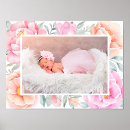 水彩牡丹バラピンクピーチフローラ写真 ポスター