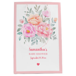 水彩牡丹バラピンクフローラブーケ ミディアムペーパーバッグ