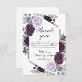 水彩牡丹パープルグレーシルバー秋の結婚式 サンキューカード (正面/裏面)