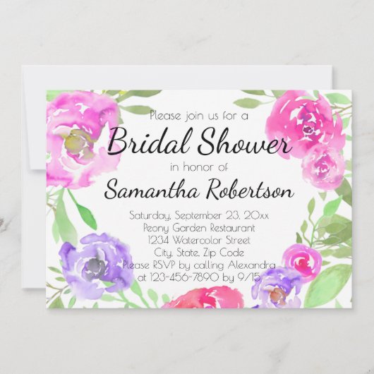 水彩牡丹ピンクグリーンフローラブライダルシャワー 招待状 (正面)