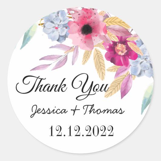 水彩牡丹フラワーサンキュー結婚式の引き出物 ラウンドシール (正面)