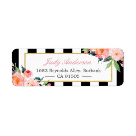 水彩牡丹フラワーズ白黒ストライプ ラベル