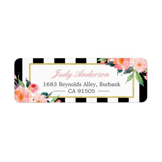 水彩牡丹フラワーズ白黒ストライプ ラベル (正面)