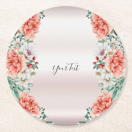 水彩牡丹フラワー紙コースター ラウンドペーパーコースター (正面)