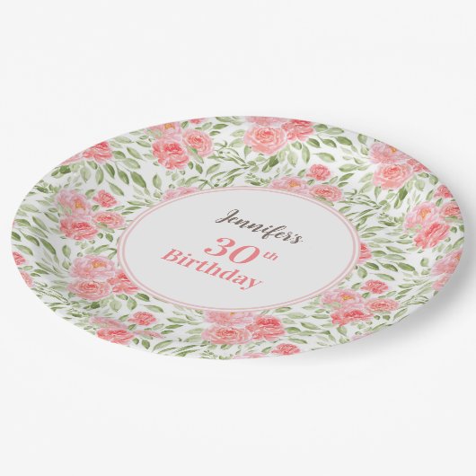 水彩牡丹フローラピンクピーチサマー誕生日 ペーパープレート (アングル)