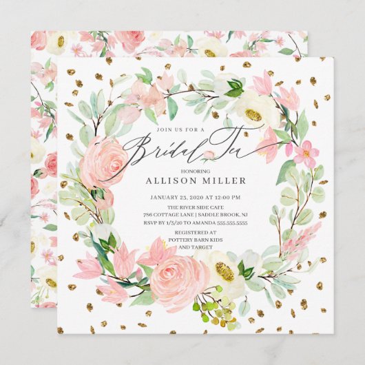 水彩牡丹フローラリースブライダルティーシャワー 招待状 (正面/裏面)