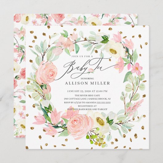水彩牡丹フローラリースベビーティーシャワー 招待状 (正面/裏面)