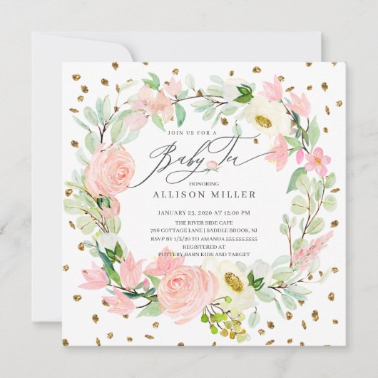 水彩牡丹フローラリースベビーティーシャワー 招待状 (正面)