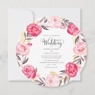 水彩牡丹フローラリース結婚式の招待 招待状