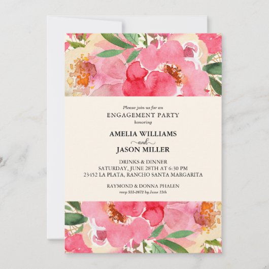 水彩牡丹フローラ婚約パーティ 招待状 (正面)