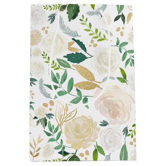 水彩牡丹淡い色のと金ゴールドグリッターの葉 ミディアムペーパーバッグ (正面)