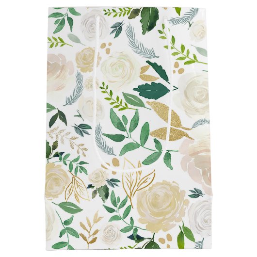 水彩牡丹淡い色のと金ゴールドグリッターの葉 ミディアムペーパーバッグ (裏面)