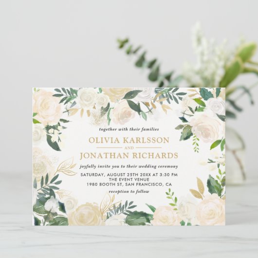 水彩牡丹淡い色の金ゴールドアクセン結婚ト 招待状 (スタンド正面)