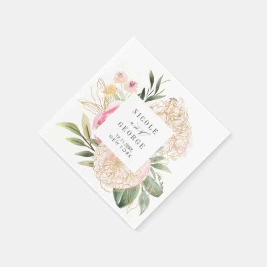 水彩牡丹金ゴールドタイポグラフィモノグラム結婚ズ スタンダードカクテルナプキン (角)