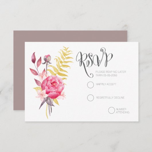 水彩牡丹金ゴールド結婚式RSVPカード 出欠カード (正面/裏面)