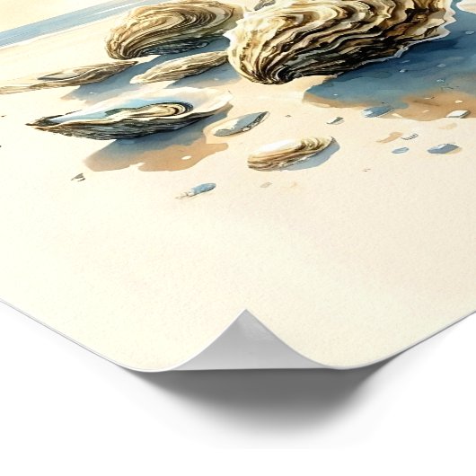 水彩牡蠣の貝殻の海岸芸術の風景 ポスター (角)