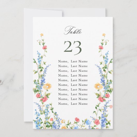 水彩牧草地の野草花席チャートカード 招待状 (正面)