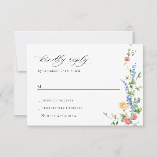 水彩牧草地ワイルドフラワーボヘミアンウェディングRSVP 出欠カード (正面)