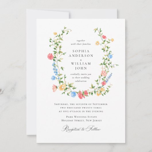 水彩牧草地ワイルドフラワーボヘミアン結婚ズ 招待状 (正面)