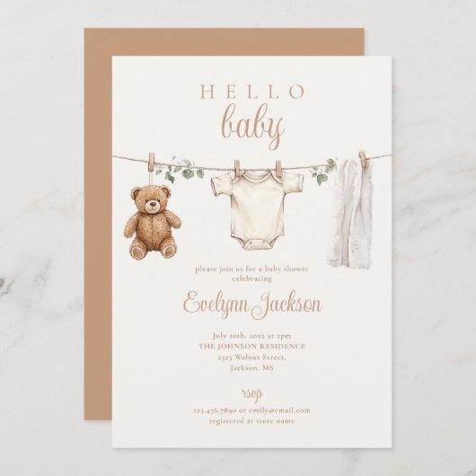 水彩物干し線ニュートラルベビーシャワー 招待状 (正面/裏面)