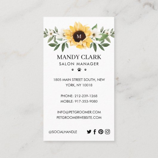 水彩犬ひまわりフローラリースペットケア 名刺 (裏面)