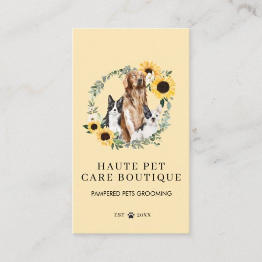 水彩犬ひまわりフローラリースペットケア 名刺 (正面)