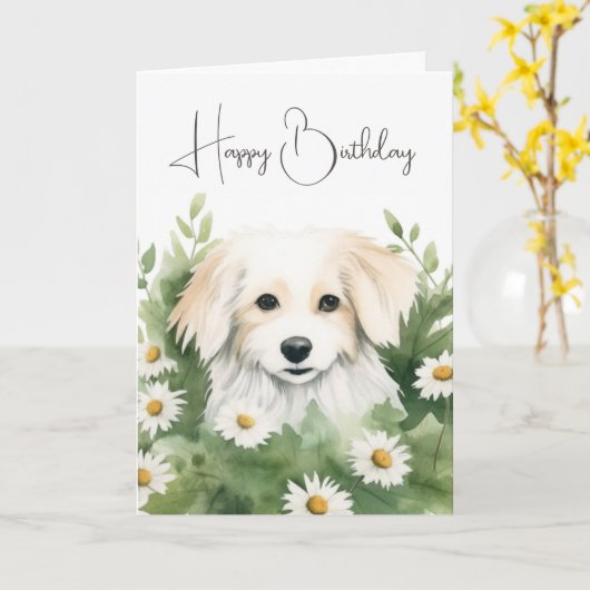 水彩犬インデイジー カード (黄色い花)