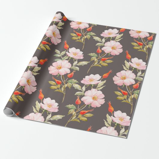 水彩犬バラ花柄 ラッピングペーパー (アンロールド)