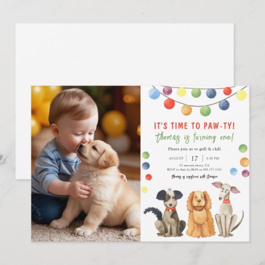 水彩犬子供誕生日パーティー 招待状 (正面/裏面)