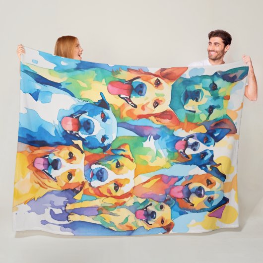 水彩犬色彩の鮮やかカラフルコラージュ フリースブランケット (インサイチュ)