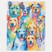 水彩犬色彩の鮮やかカラフルコラージュ フリースブランケット (正面)