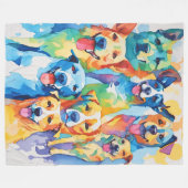 水彩犬色彩の鮮やかカラフルコラージュ フリースブランケット (正面(横))