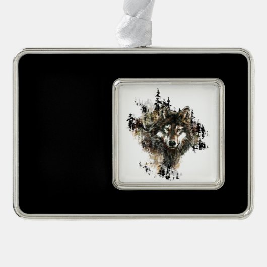 水彩狼の山の荒野アニマルアート シルバープレートフレームオーナメント (正面)