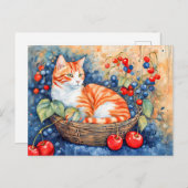 水彩猫かご入りさくらんぼ ポストカード (正面/裏面)