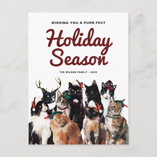 水彩猫たちがパーフェクトなクリスマスフォトホリデー シーズンポストカード (正面)