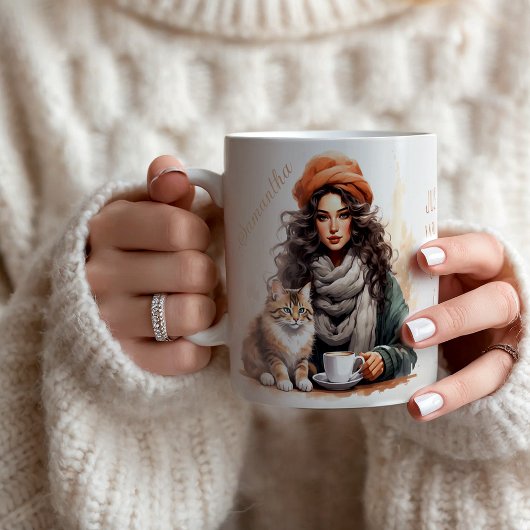 水彩猫とコーヒーレディパーソナライズされたー名 コーヒーマグカップ