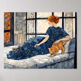 水彩猫と女性バイウィンドウ ポスター