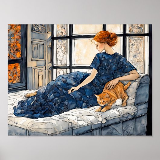 水彩猫と女性バイウィンドウ ポスター (正面)