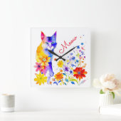 水彩猫と花ニャー スクエア壁時計 (ホーム)