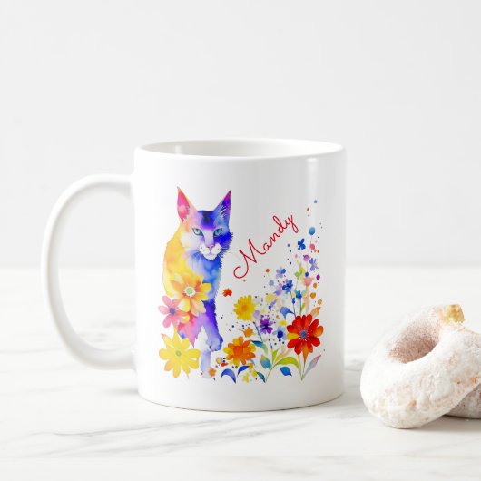 水彩猫と花パーソナライズされた コーヒーマグカップ (ドーナツ)