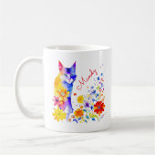 水彩猫と花パーソナライズされた コーヒーマグカップ (左)