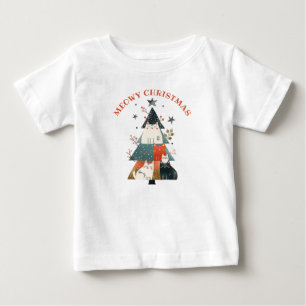 水彩猫クリスマスツリーかわいいミオウィクリスマス ベビーTシャツ