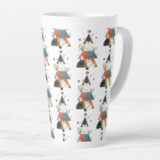 水彩猫クリスマスツリーパターお洒落ン カフェラテマグ (右アングル)