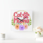 水彩猫ママことわざ花付き スクエア壁時計 (ホーム)
