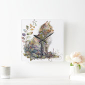 水彩猫顔及び花かわいらし類 スクエア壁時計 (ホーム)