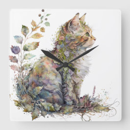 水彩猫顔及び花かわいらし類 スクエア壁時計