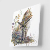 水彩猫顔及び花かわいらし類 スクエア壁時計 (傾斜)