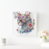 水彩猫顔及び花かわいらし類 スクエア壁時計 (ホーム)