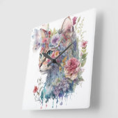 水彩猫顔及び花かわいらし類 スクエア壁時計 (傾斜)